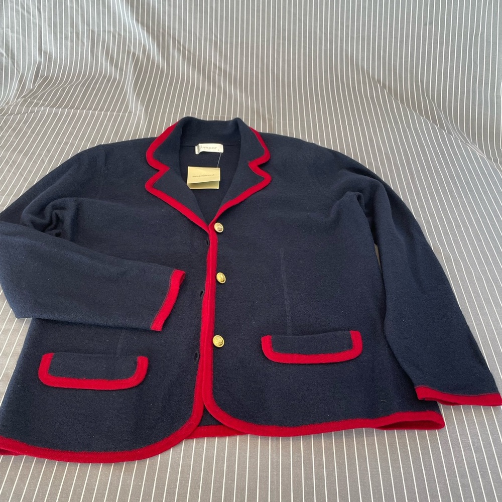 Boiled wool jacket in navy with red trim size L. NWT